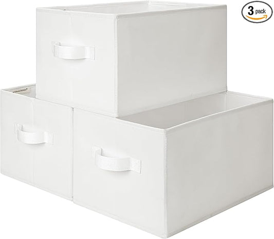 StorageWorks Storage Baskets for Shelves, Foldable Fabric Closet Storage Bins with Handles, Fabric Storage Bins Clothes Organizer, White, 3-Pack, Large
