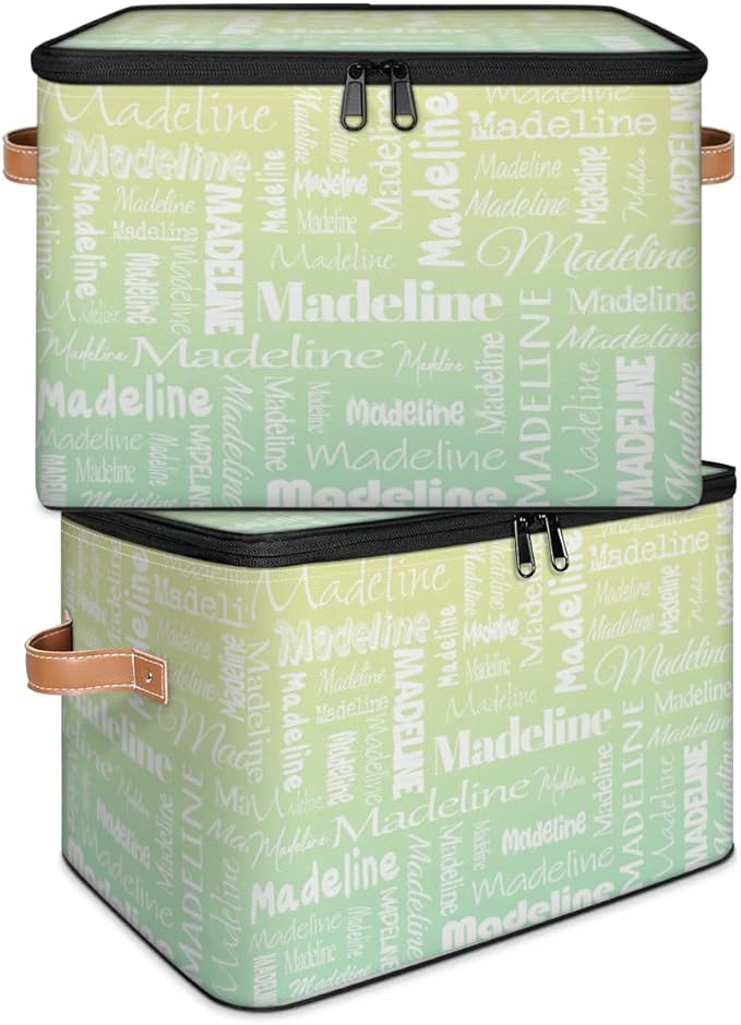 Custom Storage Basket with Name, Personalized Storage Bins with Zipper Lid, Foldable Fabric Storage Box Large capacity with Handle Yellow Green