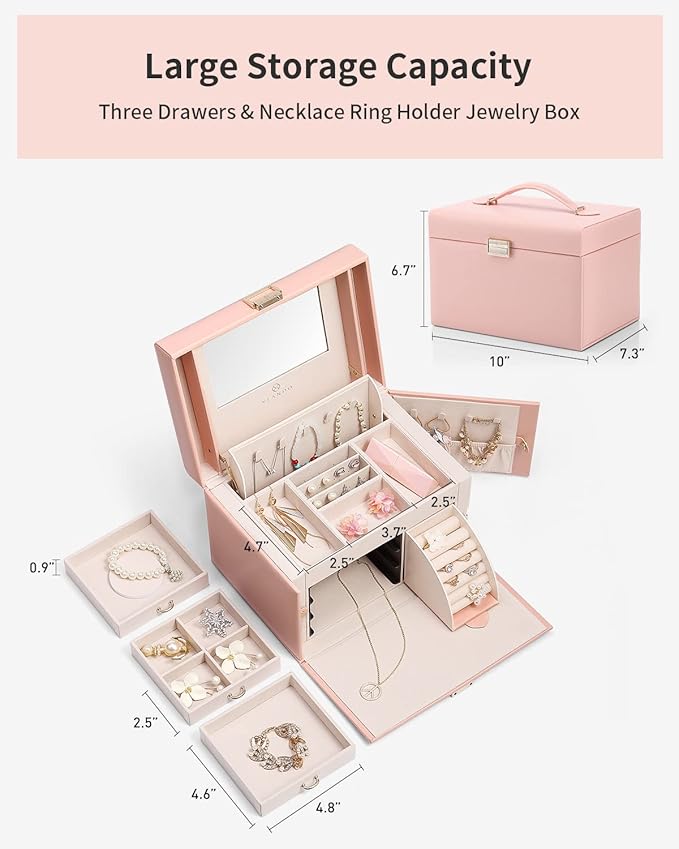 Vlando Jewelry Box Organizer for Girls Women, Large Baroque Jewelry Holder Organizer with Mirror, 3 Drawers for Bracelets, Earrings, Rings, Necklaces, Mothers Day for Loved One, Pink