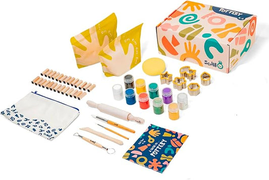 Sculpd - The Original Kids Pottery Kit, Air-Dry Clay Starter Kit for Kids Age 4 to 6, Air Dry Clay with 10 Colour Paint Set, Paintbrushes, Tool Set, Alphabet Stampers, Sponge and Step-by-Step Guide