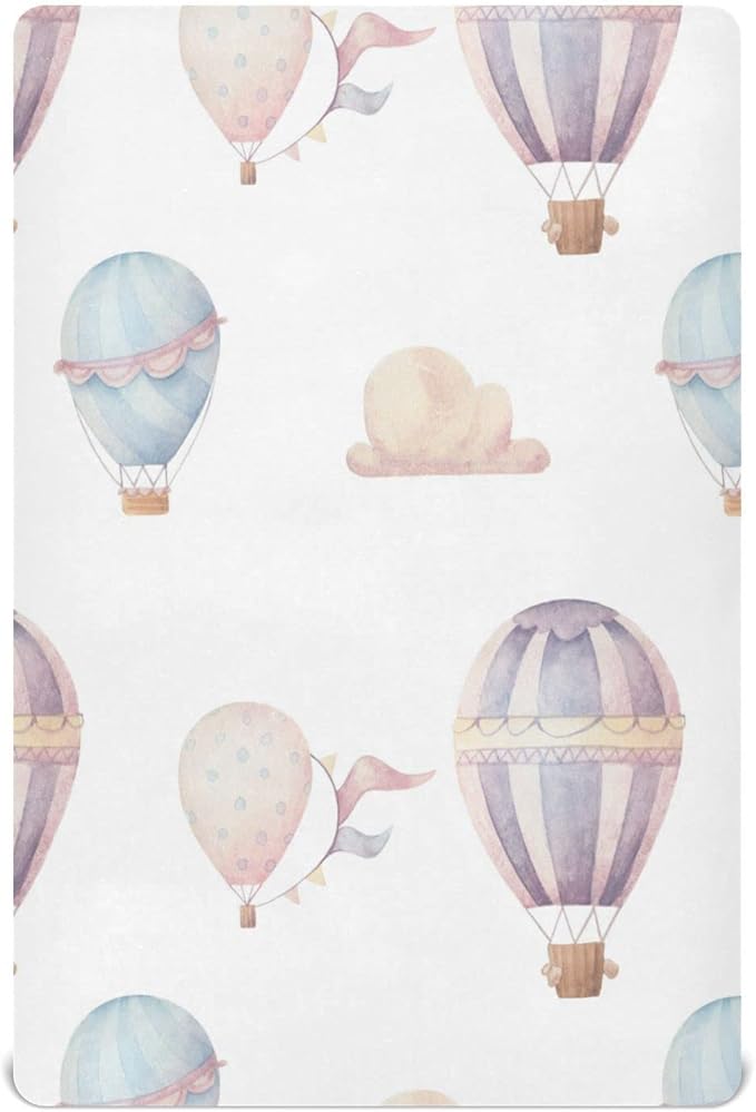 Watercolor Hot Air Balloon Crib Sheets for Boys and Girls, Fitted Baby Crib Sheets Soft and Breathable Mini Crib Sheets 39 X 27 X 5 Inches