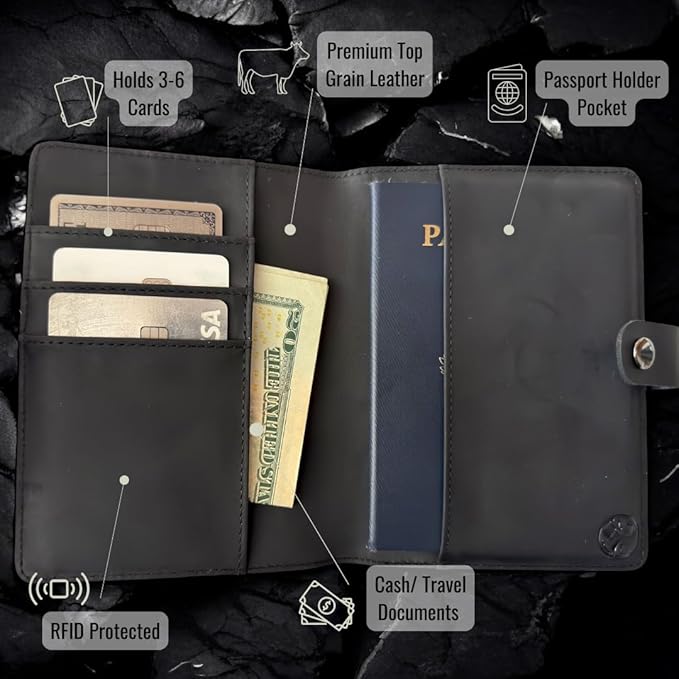 Genuine Leather AirTag Passport Holder and Wallet for Men and Women RFID Blocking for Secure Traveling and Documentation Organizer (Black)