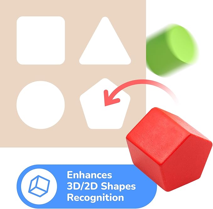 Bimi Boo Wooden Shape Sorter Toy for Babies - Premium Simple Sorting Box with Noise-Reducing Silicone Pad - Classic Montessori Toy for Toddlers (8 Various Blocks, 1 Box, 1 Silicone Pad)