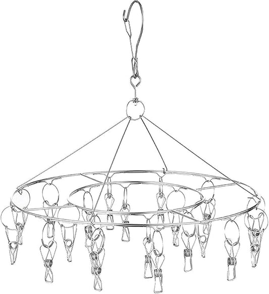 CenYouful Stainless Steel Round Hanging Drying Rack with 20 Clips for Drying Socks, Baby Clothes, Bras, Towel, Underwear, Hat, Scarf, Pants, Gloves