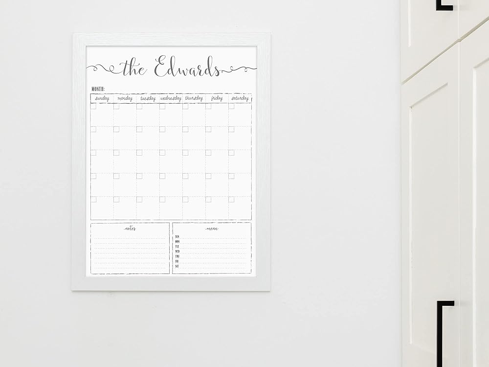 Customized Dry Erase Whiteboard Framed Calendar, Wet Erase or Dry Erase calendar for wall, 18x24 or 24x36 Wall Calendar, Monthly Calendar, Family Name Calendar