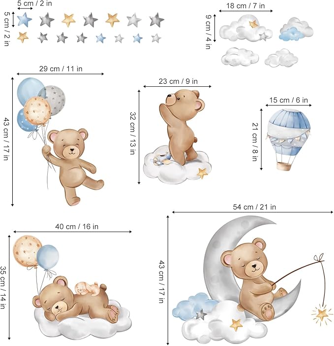 decalmile Bear Sleeping on The Moon Wall Decals Hot Air Balloon Animals Clouds Wall Stickers Baby Nursery Kids Bedroom Playroom Wall Decor