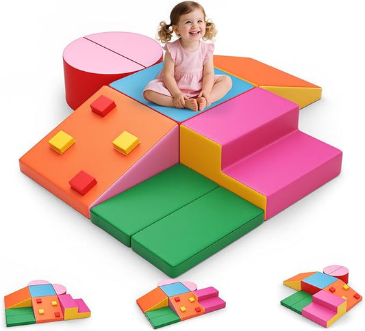 Lischwert Foam Climbing Blocks for Toddlers 1-3, 7pcs Soft Play Set with Crawling Exploration Toys, Indoor Outdoor Infant Safe Blocks for Baby Gym Toddler Playground