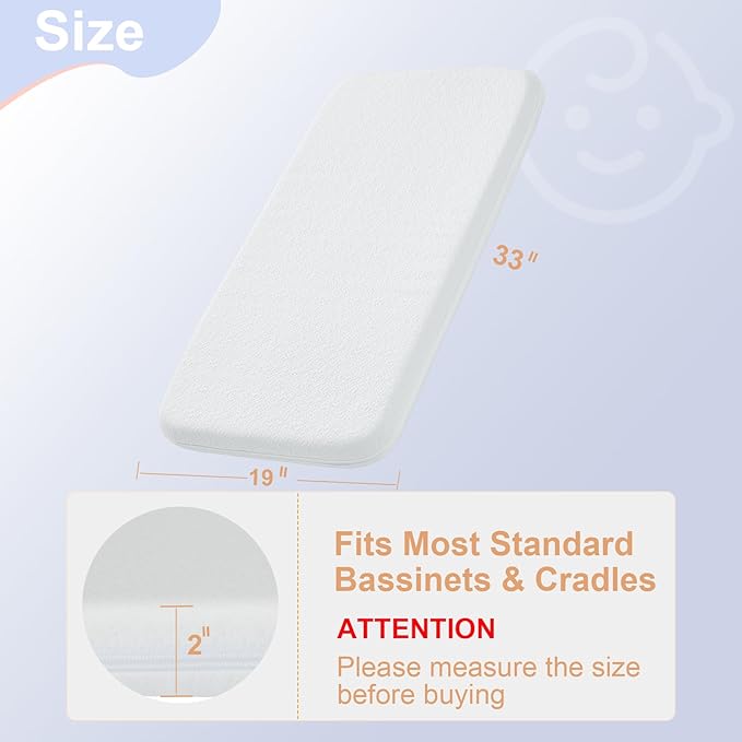 NeoBorn Baby Bassinet Mattress Pad, 33" x 19" Dual Sided Comfort Gel Memory Foam Mattress with Removable Breathable Soft Tencel Cover Fit for Jimglo/ANGELBLISS 3 in 1/BabyBond/Cowiewie Baby Bassinet