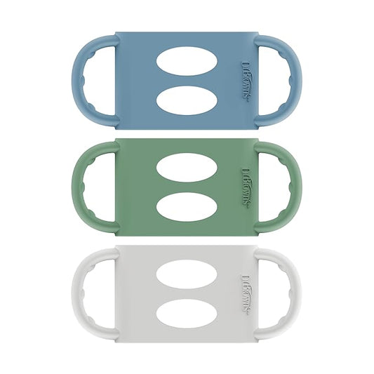 Dr. Brown's Wide-Neck Baby Bottle Handles, 100% Silicone, Easy Grip Removable Handles for Bottle to Sippy Cup Transition, Blue/Gray/Green, 3-Pack, 4m+