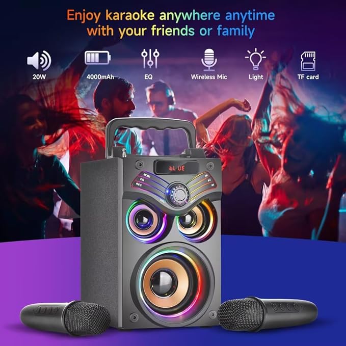 Karaoke Machine,Portable Bluetooth Karaoke Speaker with 2 Wireless Microphone for Adults Kids,with 20W(Peak) Speaker,Handle &RGB Lights,Supports TF Card/USB/Aux in/TWS,for Home,Party