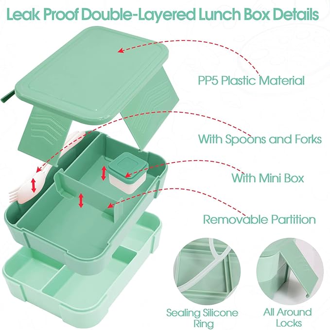 Girl Lunch Bag with 6 Compartment Bento Box with 10oz Thermo- Preppy Green Nylon Insulated Lunch Box Adjustable Strap, Birthday Gift For Girl Kids Teens Travel Picnic School