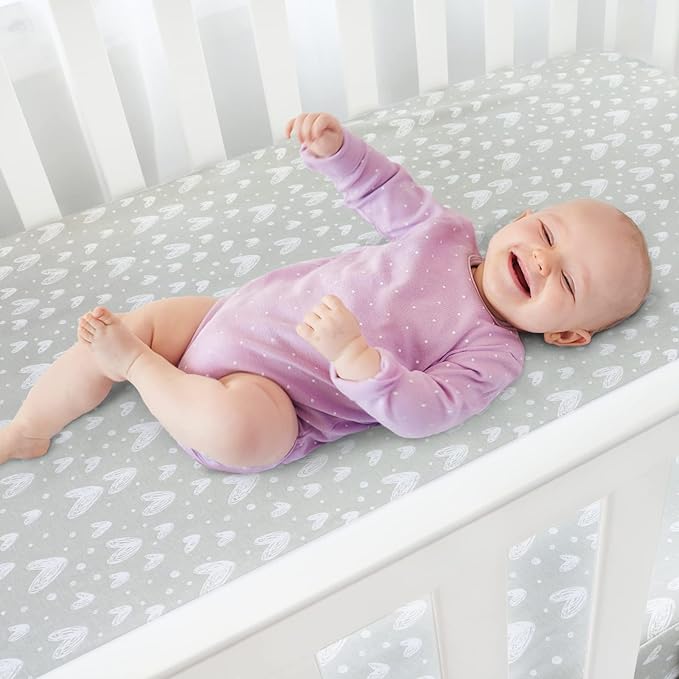 Waterproof Crib Mattress Protector 2 Pack, 100% Organic Cotton Crib Mattress Sheet, Fitted Crib Sheet, Ultra Soft & Breathable Toddler Bed Sheets for Boys and Girls, White & Grey Star Print