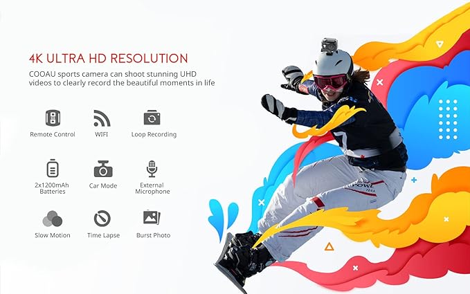 COOAU 4K 20MP Wi-Fi Action Camera External Microphone Remote Control Underwater 40M Waterproof Sport Camera Time Lapse with 2X1200mAh Batteries and 20 Accessories