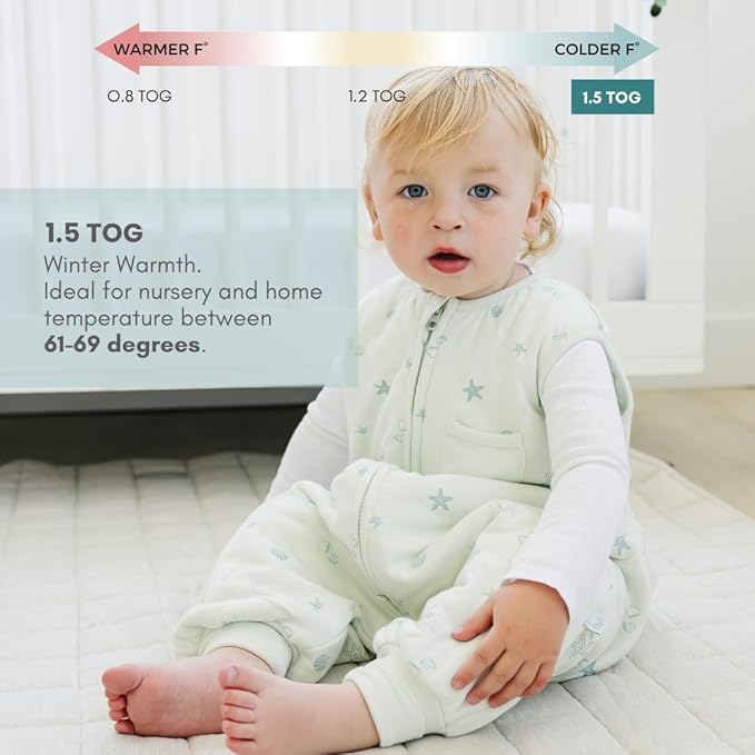 Tealbee Dreamsuit: Toddler Sleep Sack with Feet 2T 3T - 1.5 TOG Winter Baby Wearable Blanket for Walkers - Rayon made from Bamboo, Organic Cotton Sleep Bag - Seashell