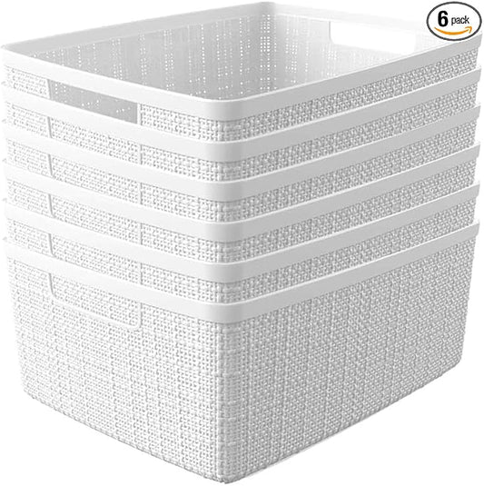 Curver Set of 6 Jute Medium Decorative Plastic Organization and Storage Baskets, Perfect Bins for Home Office, Closet Shelves, Kitchen Pantry and All Bedroom Essentials, White