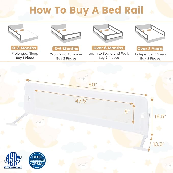 HONEY JOY 2 Pack Bed Rails for Toddlers, 60-Inch Extra Long, Foldable Portable Swing Down Safety Bed Guard Rail, Toddler Bed Rails for Crib, King Queen Full Twin Size Bed Mattress (White)