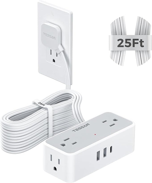Flat Plug Extension Cord 25 ft, TESSAN Surge Protector Power Strip with 4 AC Outlets 1 USB C and 2 USB A Ports, 900 Joules Protection, Multiple Wall Outlet Extender for Home Office Dorm Essentials