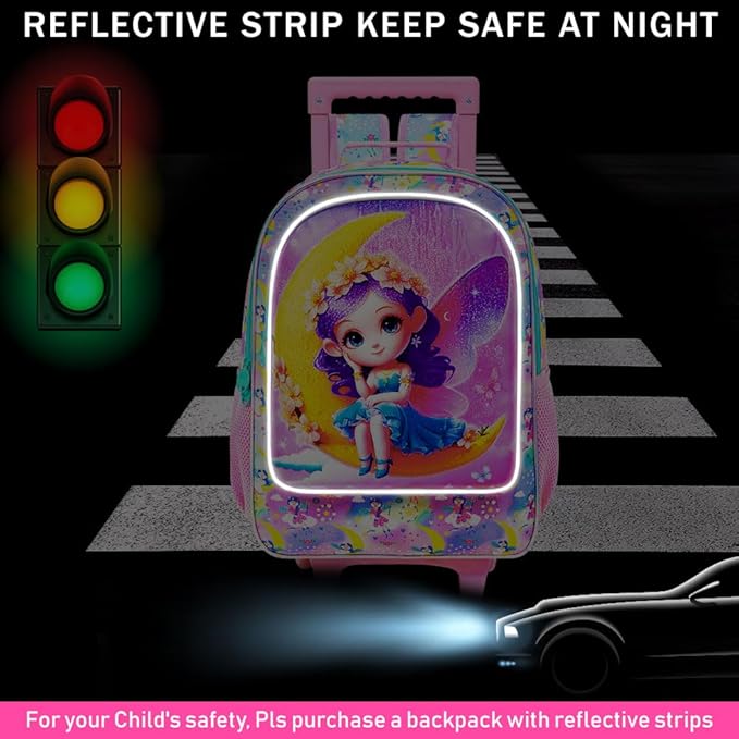 Girls Rolling Backpack, Cute Moon Fairy Roller Wheels Kids Bookbag - Wheeled Elementary School Bag - 3PCS Moon Fairy
