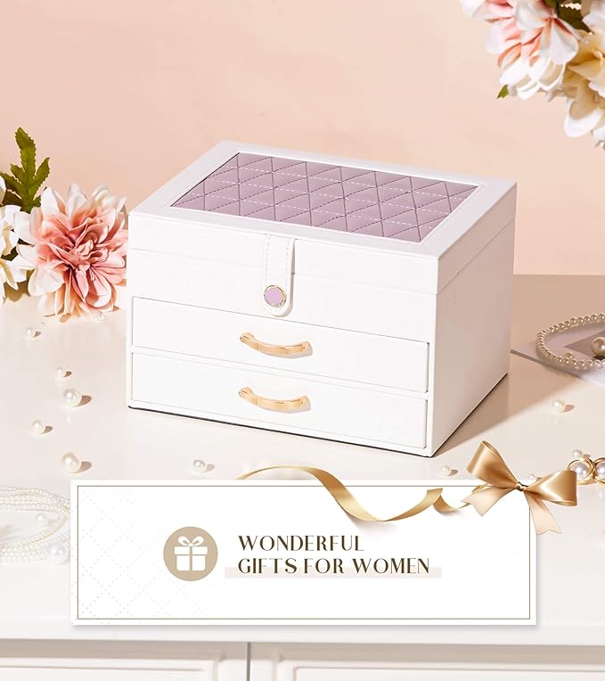 White Jewelry Box Organizer: Home Decor for Women - 2-Drawer Holder for Valentine’s Day Birthday Christmas White Grey-Purple