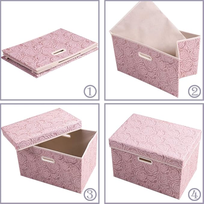 Prandom Larger Foldable Storage Boxes with Lid,Rose Pattern Fabric Decorative Storage Box,Cubes Organizers,Baskets with Handles,For Bedroom,Closet, Living Room,Pink,45x30x30cm[3-Pack]