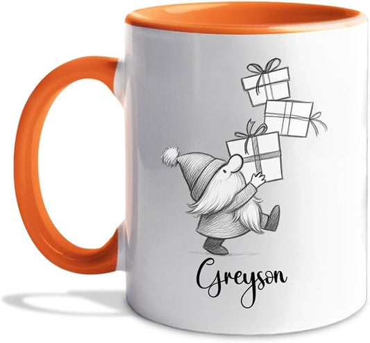 Cute Gnome With Box Accent Mug Cup Gift, Personalized Choose Name Gnome Ceramic Teacup 11 Oz 15 Oz, Unique Coffee Mug Gift For Gnomes Lover Kids Child Birthday, Custom Gnomes White Travel Mugs Gifts