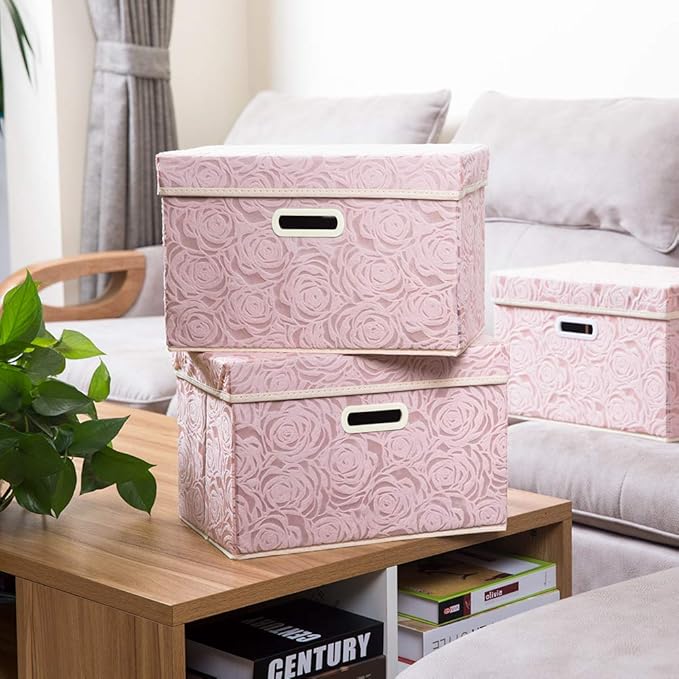 PRANDOM Collapsible Storage Boxes with Lids Fabric Decorative Storage Bins Cubes Organizer Containers Baskets with Cover Handles Divider for Bedroom Closet Living Room 14.9x9.8x9.8 Inch 1 Pack
