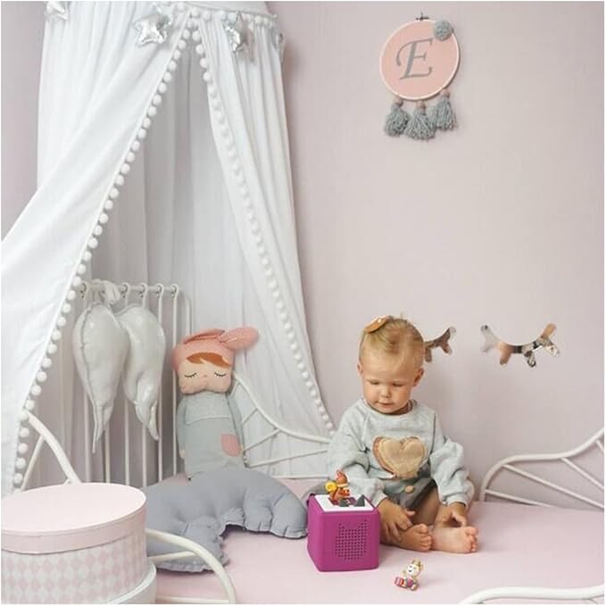 Bed Canopy with Pom Pom Cotton Canopy for Kids Crib Baby Girl Netting Cover Canopy Crib Curtain Reading Nook Hanging Tent Nursery Play Game Castle Room Decoration (White)