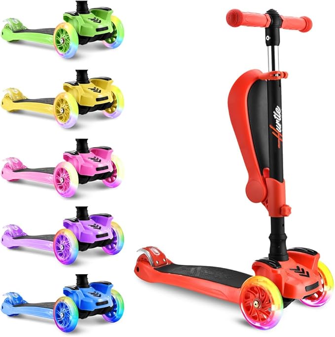 Hurtle 3-Wheeled Scooter for Kids - Wheel LED Lights, Adjustable Lean-to-Steer Handlebar, and Foldable Seat - Sit or Stand Ride with Brake for Boys and Girls Ages 1-14 Years Old