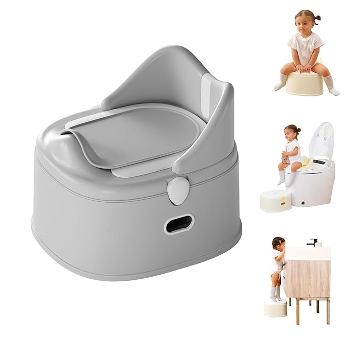 3 in 1 Toddler Potty Training Toilet Seat with Steps Ladder, Foldable Potty Train Chair Adapter for Toddlers Kids Boys Girls, Gray