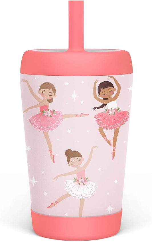 Kid Insulated Stainless Steel Tumbler with Silicone Straw, 12oz Sippy Cup for Kids (Pink Ballerina)