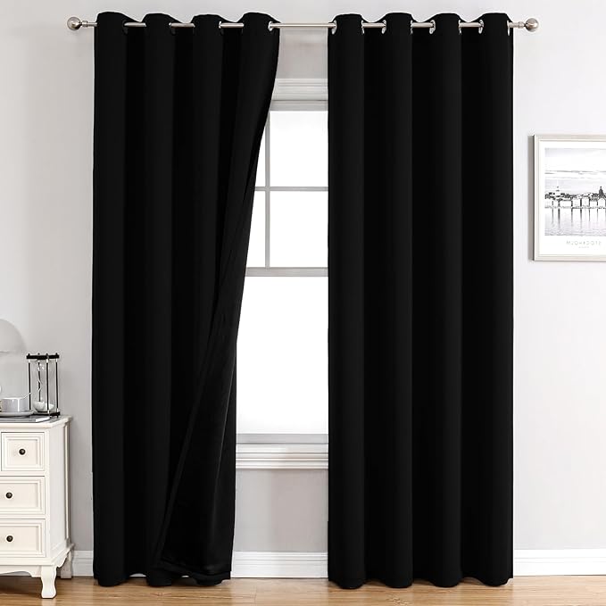 ChrisDowa 100% Blackout Curtains 90 inch Long for Bedroom with Black Liner, 2 Thick Layers Total Blackout Thermal Insulated Grommet Long Window Curtains 2 Panels Set (Black, 52 x 90 Inch)