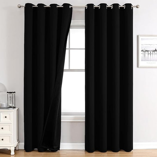 ChrisDowa 100% Blackout Curtains 90 inch Long for Bedroom with Black Liner, 2 Thick Layers Total Blackout Thermal Insulated Grommet Long Window Curtains 2 Panels Set (Black, 52 x 90 Inch)