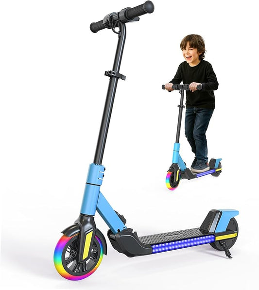 Electric Scooter for Kids Ages 6-12， Max Speed 6.5MPH, max Range 6Miles， with Acceleration Throttle and Electronic Brake， Foldable and Height Adjustable Kids Electric Scooter