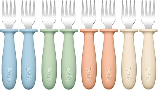 DRKIO 8 Pieces Toddler Forks Set - Baby Forks with Silicone Handle Children safe 18/8 Stainless Steel Toddler Utensils Set for Self Feeding Kids Silverware Anti-Choke Design Food Grade Dishwasher Safe
