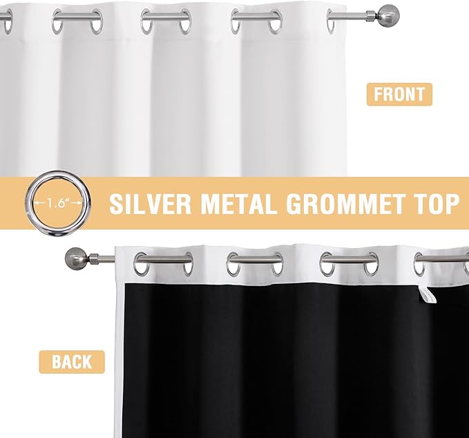 ChrisDowa White 100% Blackout Curtains for Bedroom with Black Liner, 2 Thick Layers Total Blackout Thermal Insulated Grommet Window Curtains 2 Panels Set (Pure White, 52 x 84 Inch)