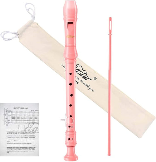 Eastar Soprano Recorder Instrument for Kids Beginners, German Fingering C Key with Cleaning Kit, Thumb Rest, Cotton Bag, Fingering Chart, ERS-21GP, Pink, School-Approved