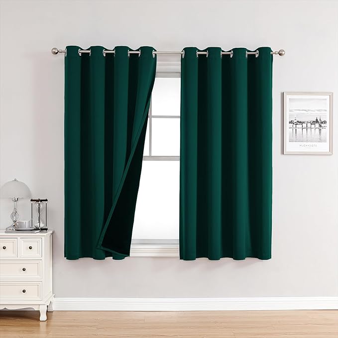 ChrisDowa 100% Blackout Curtains for Bedroom with Black Liner, 2 Thick Layers Total Blackout Thermal Insulated Grommet Window Curtains 2 Panels Set (Forest Green, 52 x 45 Inch)