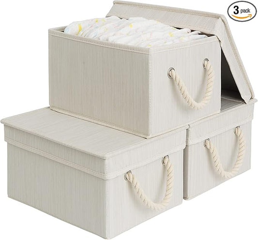 StorageWorks Storage Bins with Lids, Decorative Storage Boxes with Lid and Soft Rope Handles, Foldable Storage Baskets for Closet, Shelves, Stackable, Ivory and White, Medium, 3-Pack