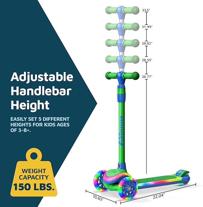 3-Wheel Kids Scooter with Multi-Color Lights on Deck & Wheels – 5-Height Adjustable Handlebar, Wide Anti-Slip Deck, Child Safety Certified, Boys & Girls Ages 3+ Supports Up to 150 lbs