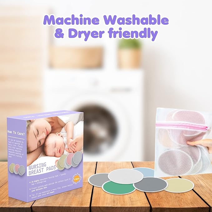 14 PCS Reusable Breast Pads for Breastfeeding – Washable Nursing Pads, Reusable Nursing Pads with Wash & Carry Bags, 4.7 Inch