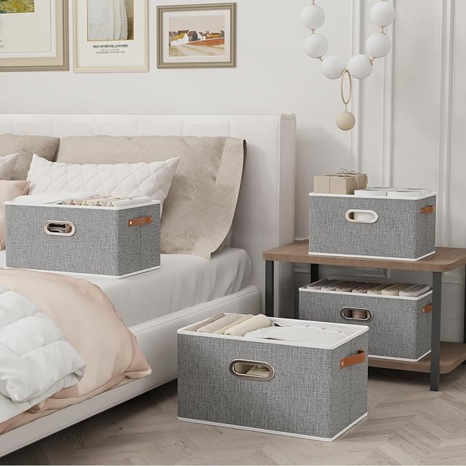 Yawinhe Fabric Storage Baskets, Foldable Closet Organizer for Shelves, Large Boxes with 3 Handles, Canvas Bins for Clothes, Grey, 12.99''Lx9.05''Wx7.87''H, 4-Pack