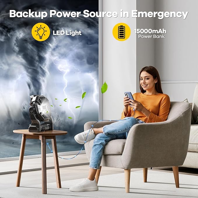 15000mAh Portable Battery Powered Camping Fan - with LED Light, Quiet Battery Operated, Camping Gear for Travel, Tent, Beach, Car or Hurricane Power Outages，Black