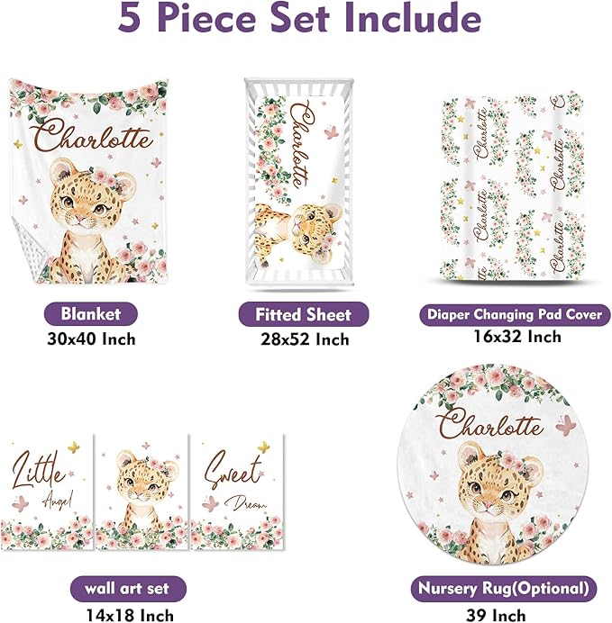 Personalized Nursery Crib Bedding Set: Custom Name 5 Piece Baby Crib Sets with Floral Leopard Design - Toddler Double Layer Blanket Set, Comfortable Crib Bed Sheets for Baby Grils