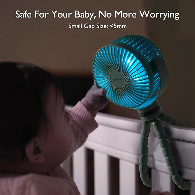 Momcozy Portable Stroller Fan, 8000mAh, 27H Ultra-long Battery Life, Detachable 4 Speed 360°Rotate, LED Night Light with 2 Modes, USB Rechargeable Handheld Cooling Fan for Travel, Car Seat, Bedroom