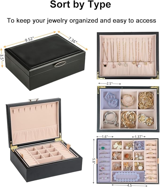 Small Jewelry Organizer for Women, 2-Layer Travel Jewelry Box with Portable Case, Necklace Ring Storage for Dresser, Girls Teens Gifts (Black)