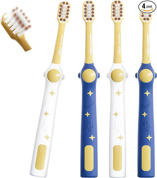EASICUTI Extra Soft Kids Toothbrushes 4 Pack, Space Style Toddler Toothbrushes for Ages 2-12 Years, Baby Toothbrush 12 Months and up, Childrens Toothbrush Help Remove Plaque and Stains-Blue, White