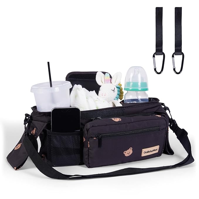 Universal Stroller Organizer with Cup Holders, Detachable Wristlet | Fits All Strollers | Stroller Diaper Bag Organizer with Phone Pocket, Insulated Bottle Holder & Storage Compartments