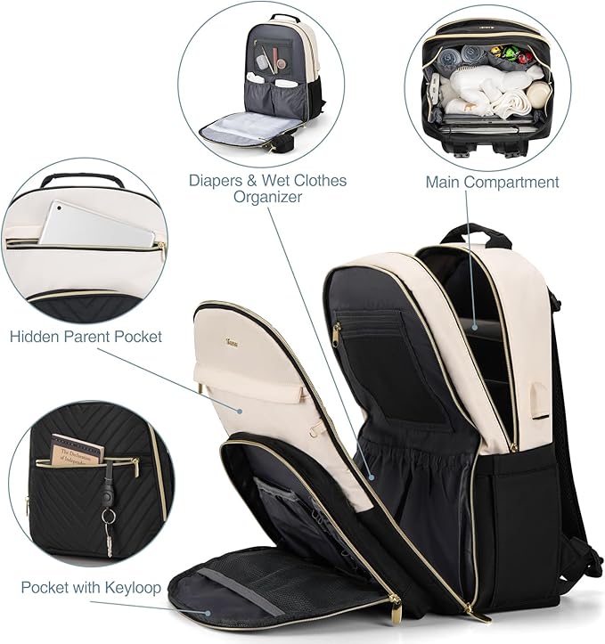 MOMUVO Diaper Bag Backpack, Quilted Baby Bag with Changing Pad & Stroller Straps & Pacifier Case, Multifunction Waterproof Travel Diaper Bags, Unisex, Black Beige