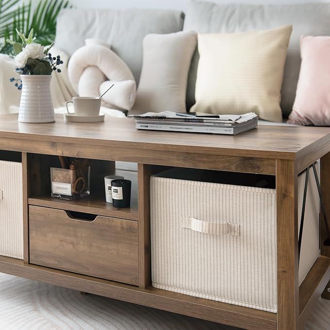 StorageWorks Storage Baskets for Shelves, Foldable Fabric Closet Storage Bins with Handles, Fabric Storage Bins Clothes Organizer, Beige Stripes, 3-Pack, Extra Large