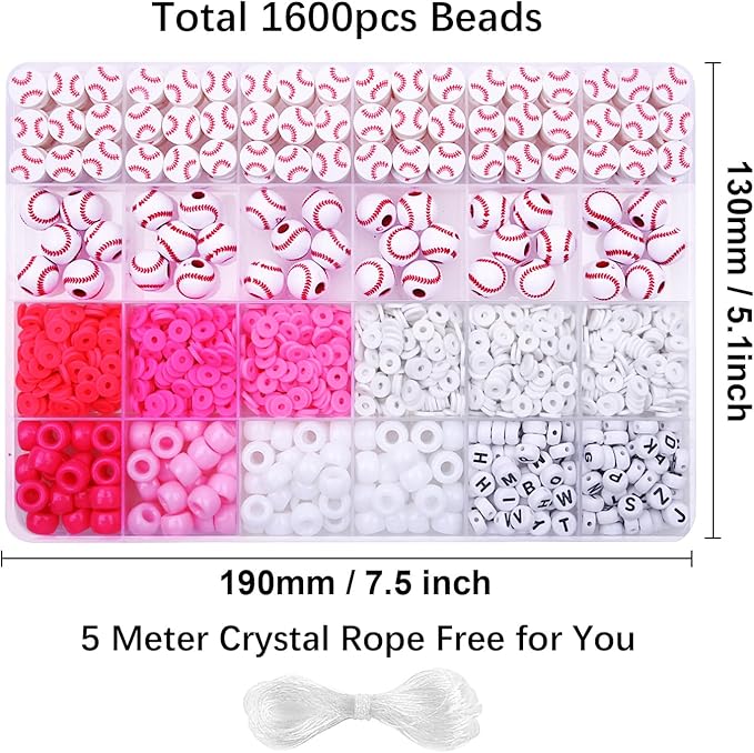 1600PCS Baseball Sports Ball Polymer Clay Beads Charms for Friendship Bracelets Making Kit Cute Fun Beads DIY Arts Crafts Birthday Gifts for Kids Girls Baseball Bead